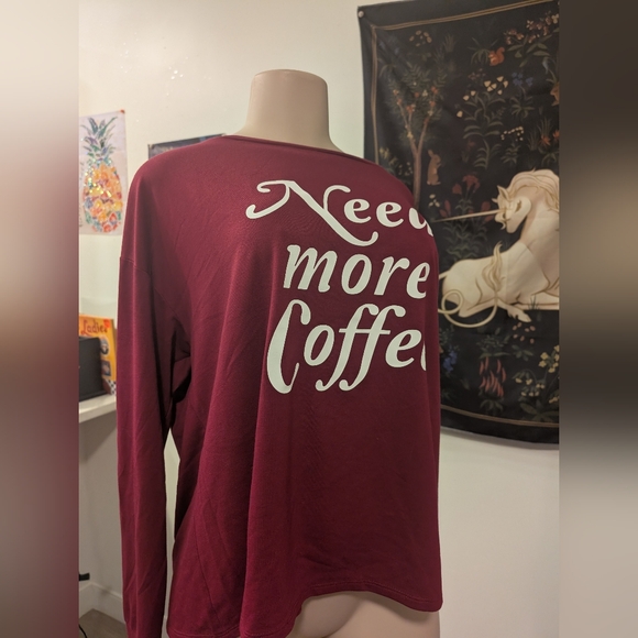 Express‎ Maroon 'Need More Coffee' Long Sleeve Shirt Size Large - Picture 1 of 9